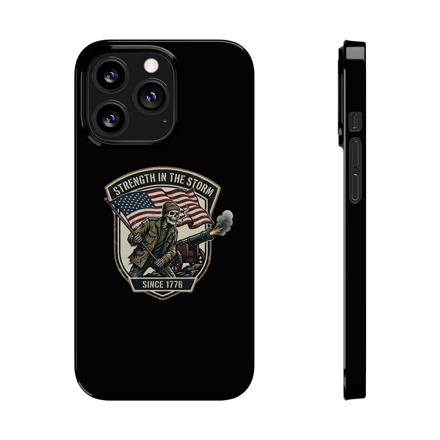 American Slim Phone Case — "Strength in the Storm" Patriotic Skeleton Soldier Design