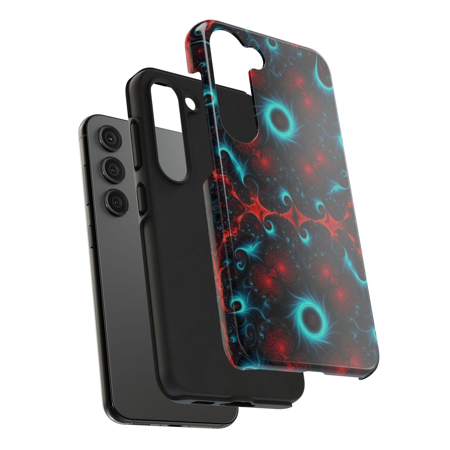 Fractal Bloom Tough Phone Case — Neon Red & Teal Protective Cover