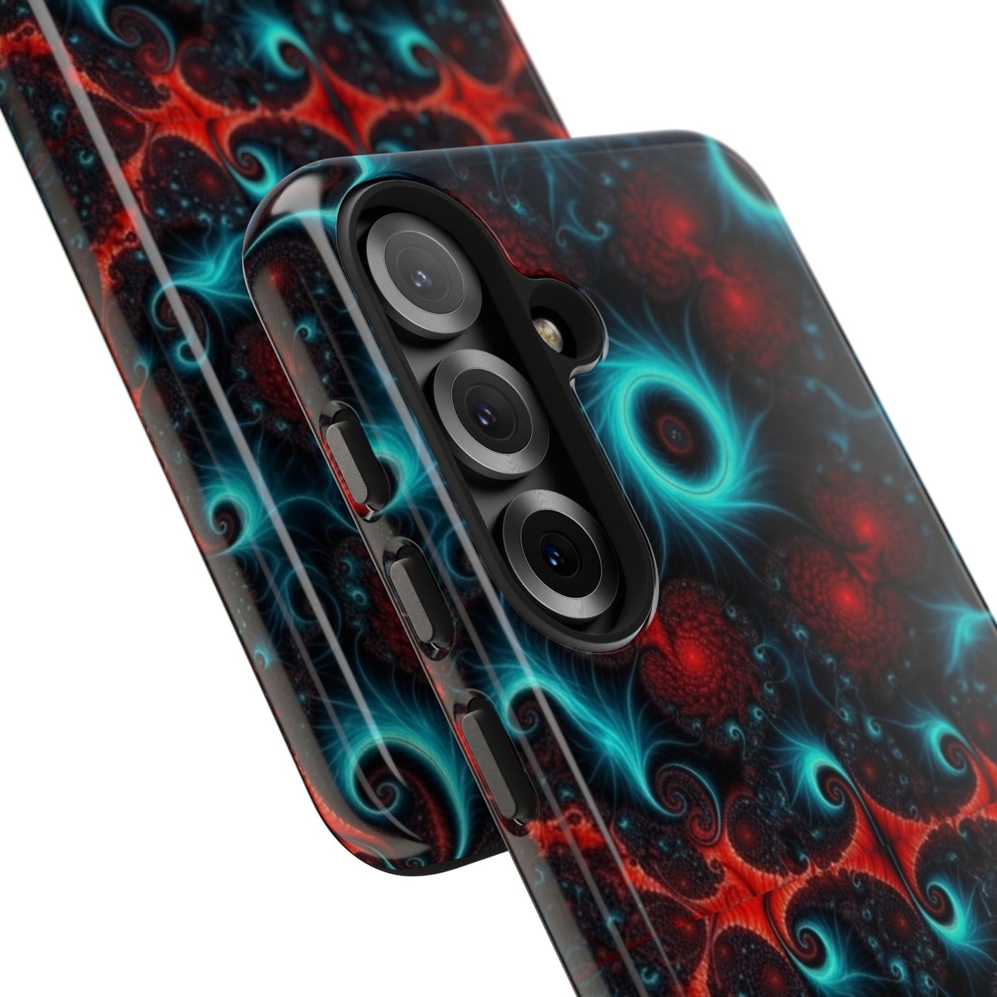 Fractal Bloom Tough Phone Case — Neon Red & Teal Protective Cover