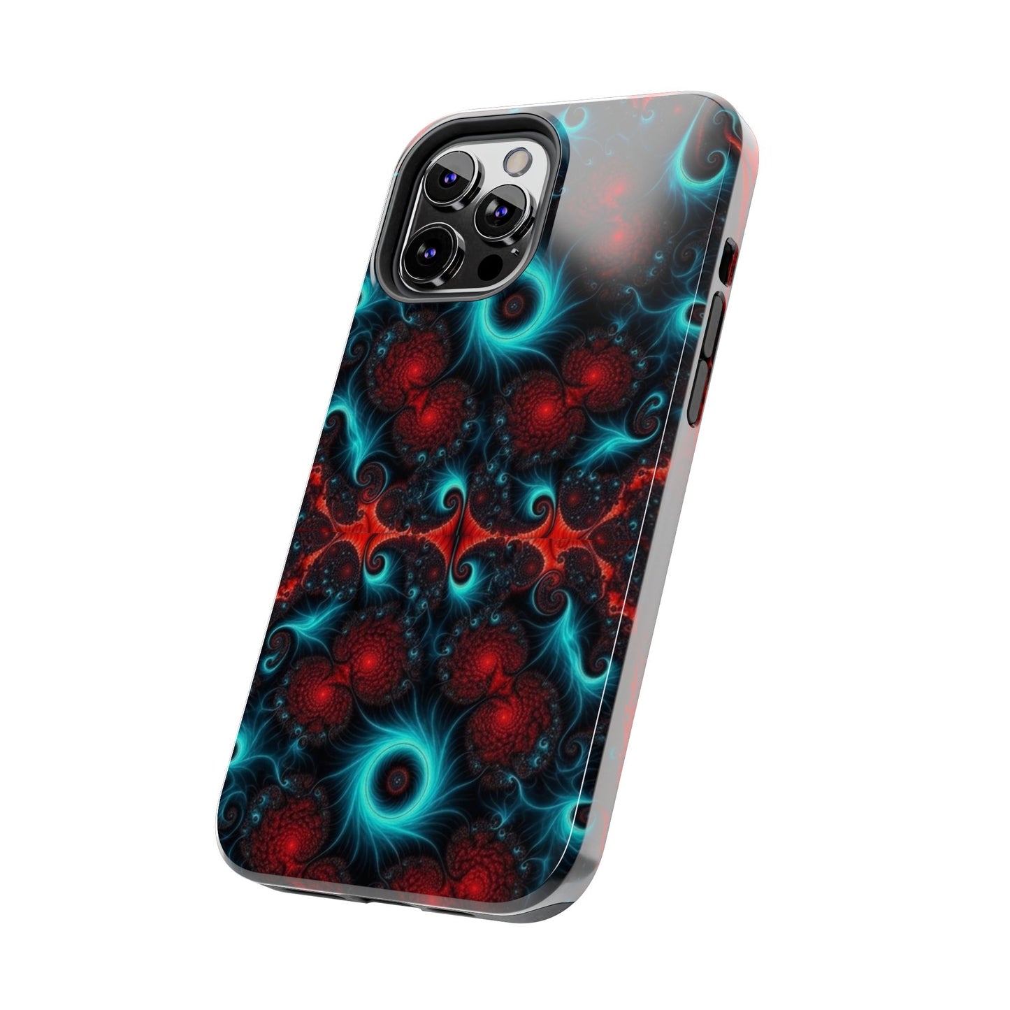Fractal Bloom Tough Phone Case — Neon Red & Teal Protective Cover