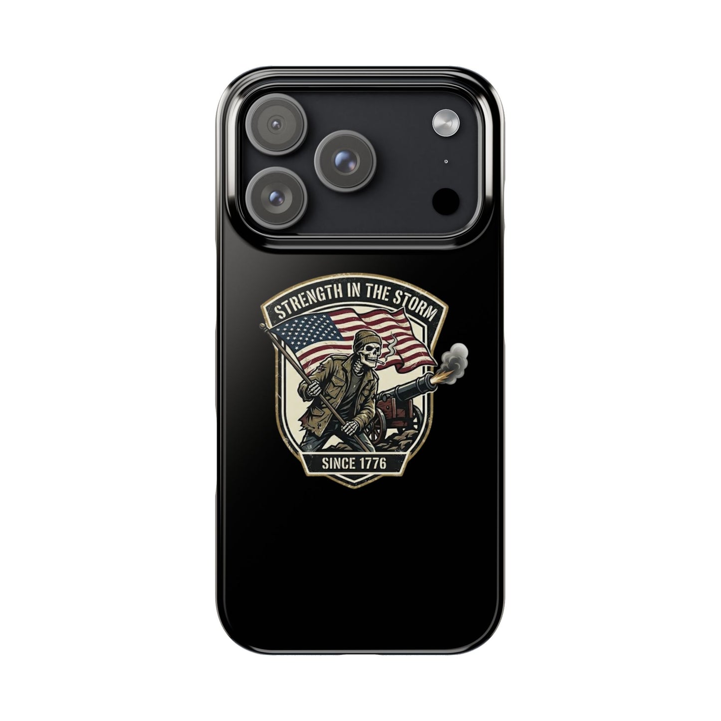 American Slim Phone Case — "Strength in the Storm" Patriotic Skeleton Soldier Design