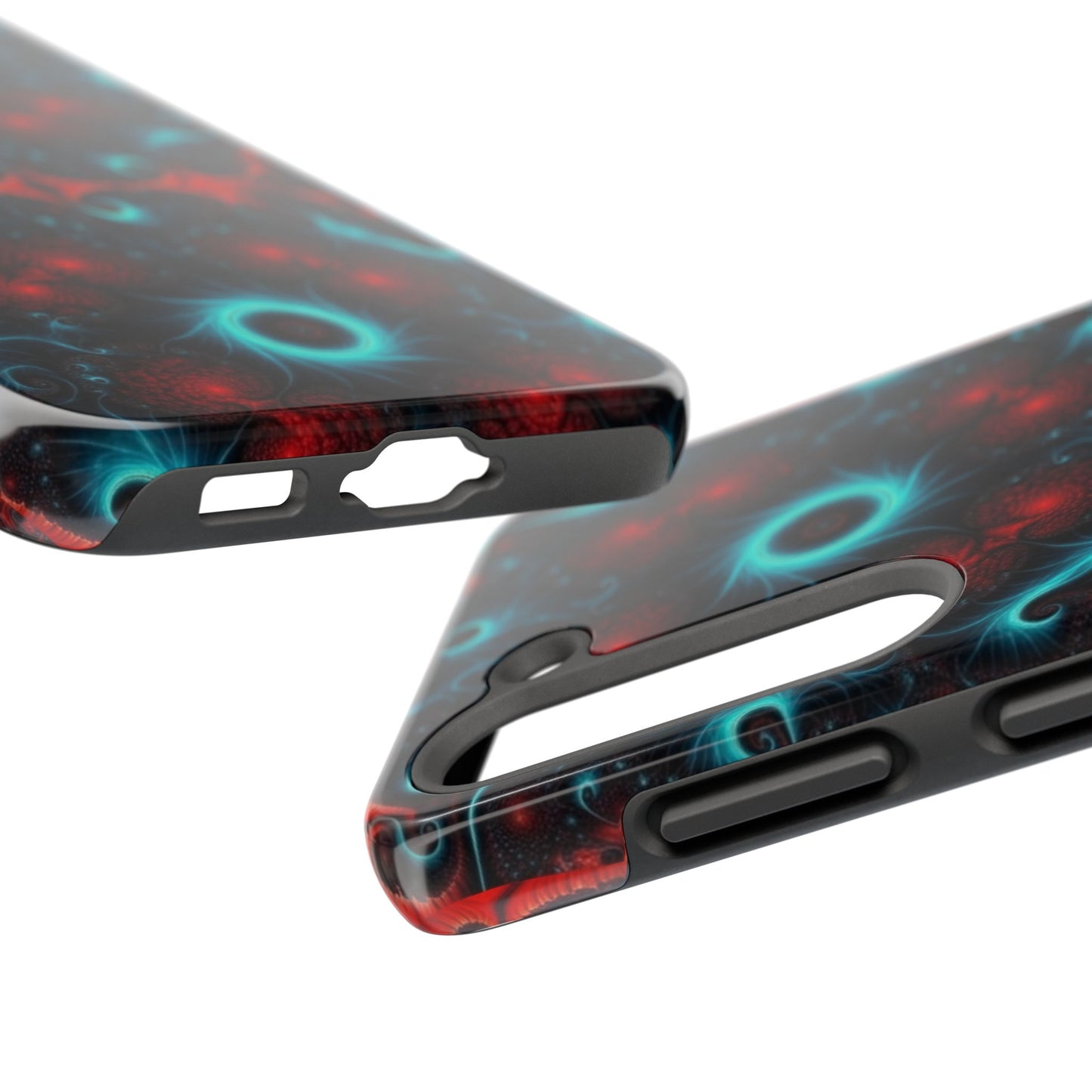 Fractal Bloom Tough Phone Case — Neon Red & Teal Protective Cover