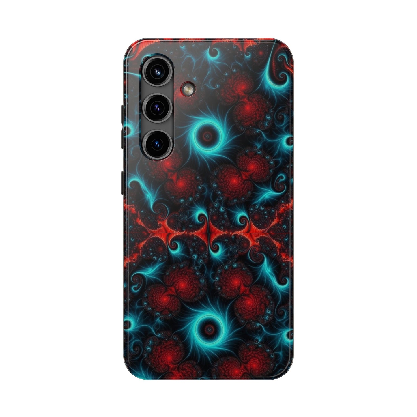 Fractal Bloom Tough Phone Case — Neon Red & Teal Protective Cover