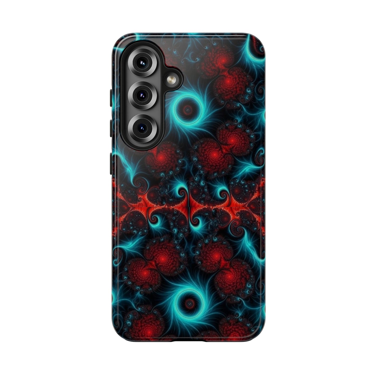 Fractal Bloom Tough Phone Case — Neon Red & Teal Protective Cover