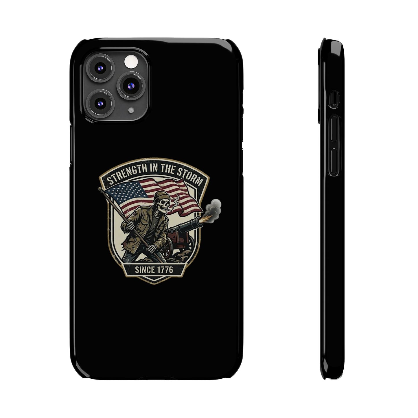 American Slim Phone Case — "Strength in the Storm" Patriotic Skeleton Soldier Design