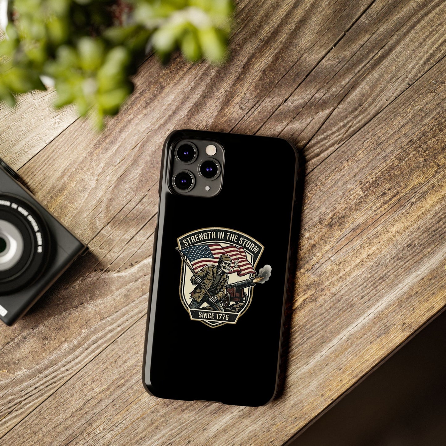 American Slim Phone Case — "Strength in the Storm" Patriotic Skeleton Soldier Design