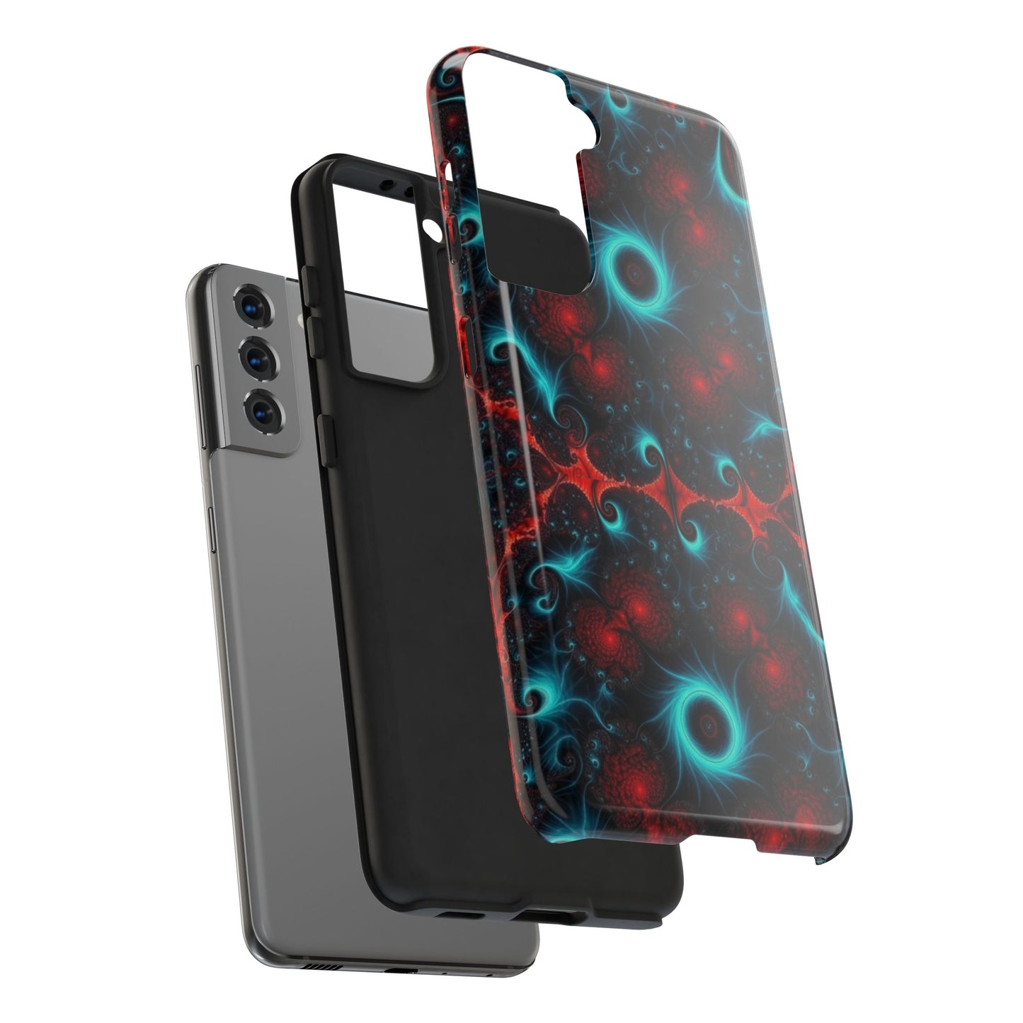 Fractal Bloom Tough Phone Case — Neon Red & Teal Protective Cover