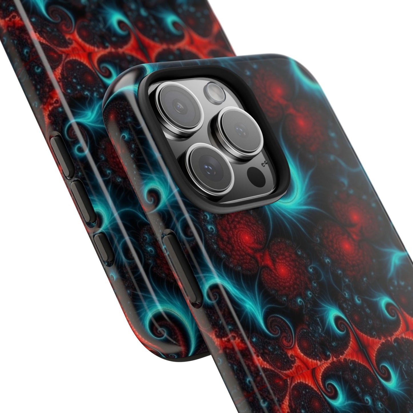 Fractal Bloom Tough Phone Case — Neon Red & Teal Protective Cover