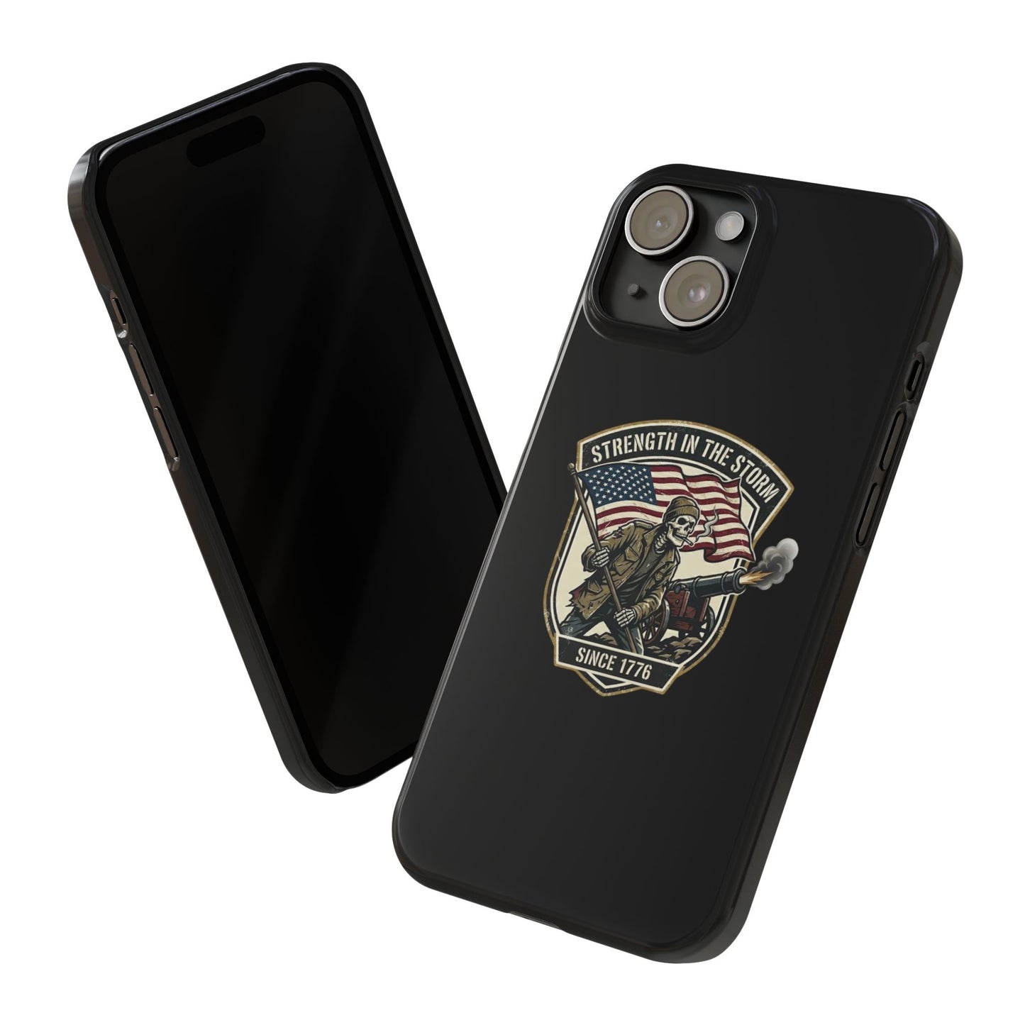 American Slim Phone Case — "Strength in the Storm" Patriotic Skeleton Soldier Design