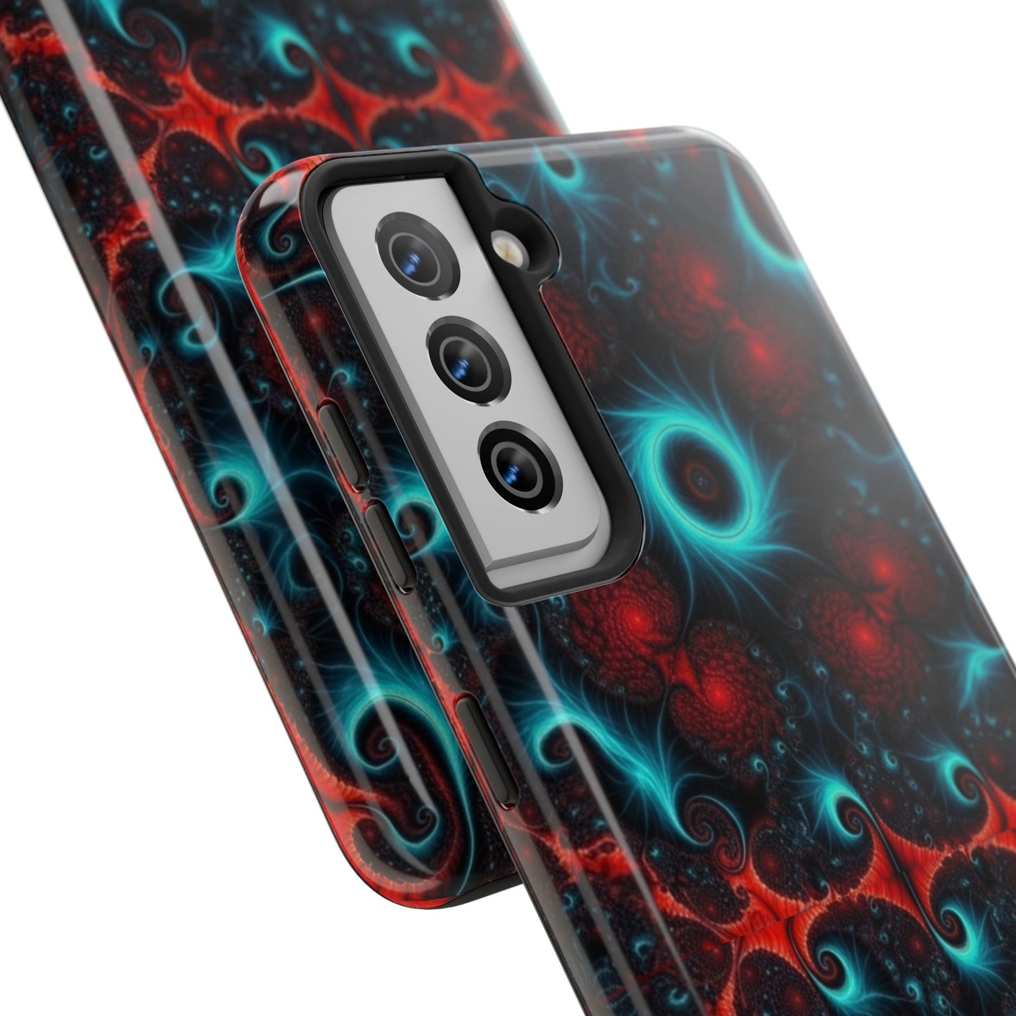 Fractal Bloom Tough Phone Case — Neon Red & Teal Protective Cover