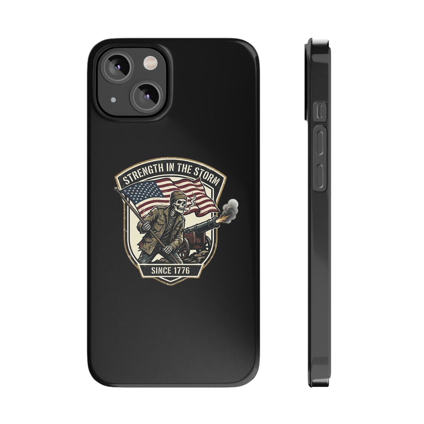 American Slim Phone Case — "Strength in the Storm" Patriotic Skeleton Soldier Design