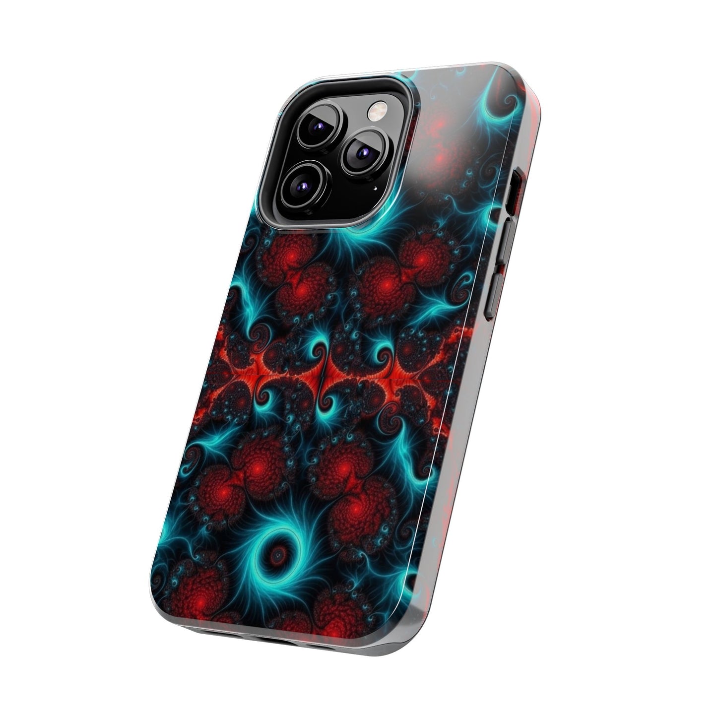 Fractal Bloom Tough Phone Case — Neon Red & Teal Protective Cover