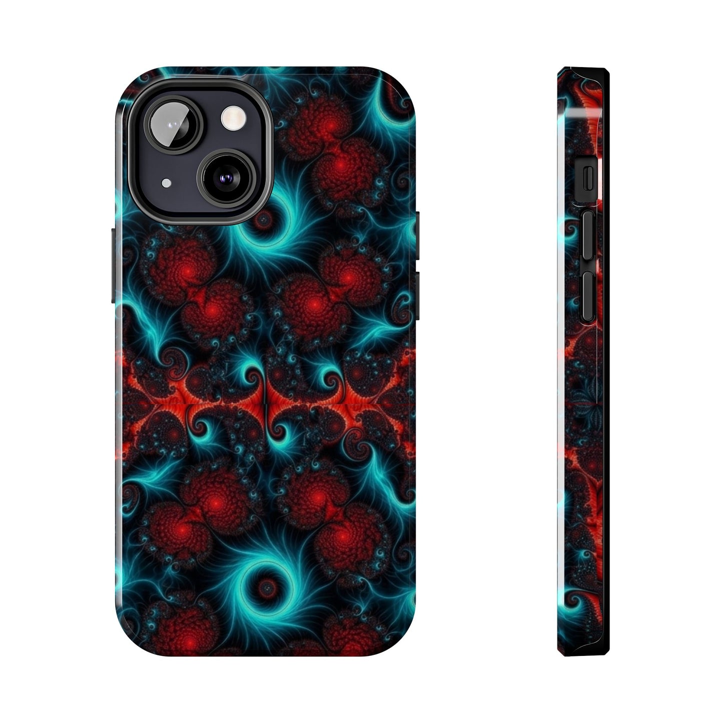 Fractal Bloom Tough Phone Case — Neon Red & Teal Protective Cover
