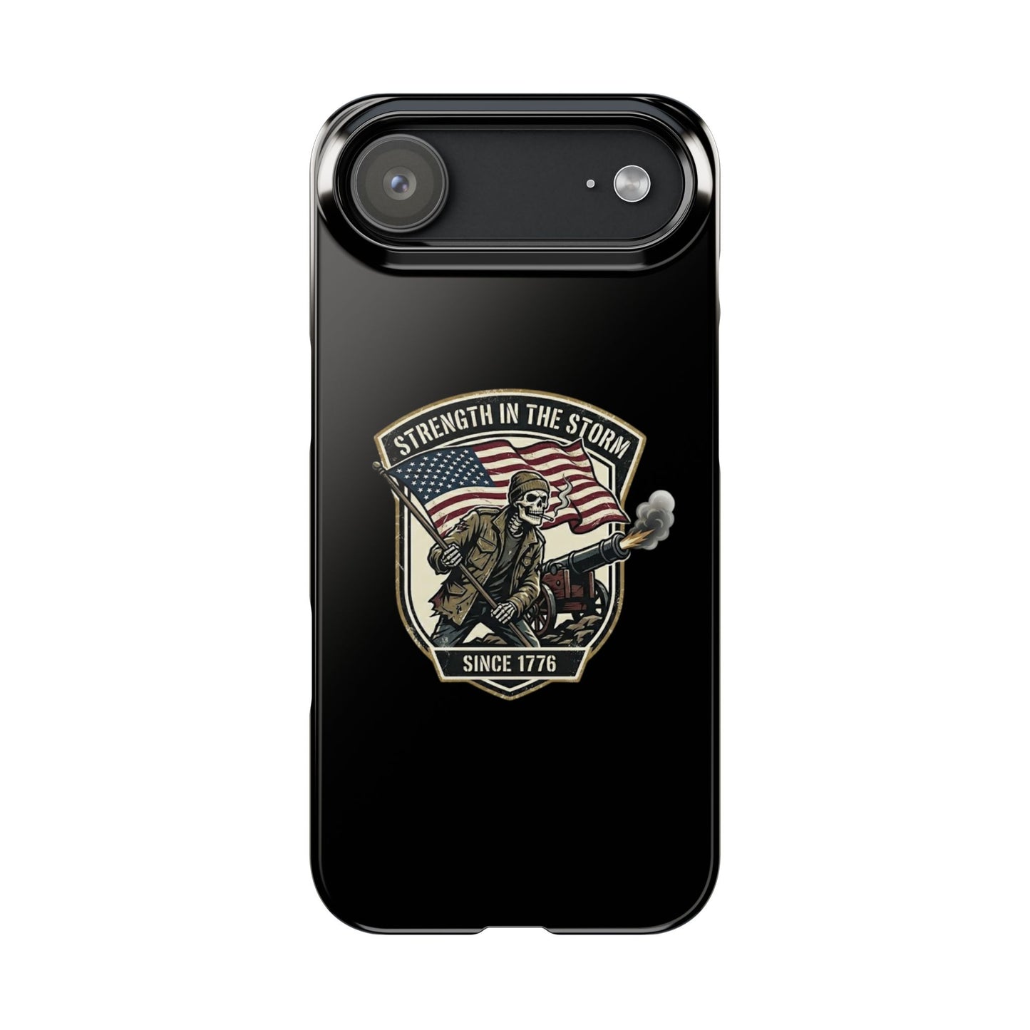 American Slim Phone Case — "Strength in the Storm" Patriotic Skeleton Soldier Design