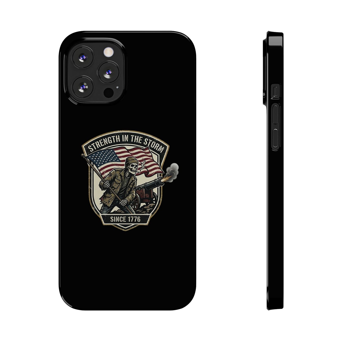 American Slim Phone Case — "Strength in the Storm" Patriotic Skeleton Soldier Design