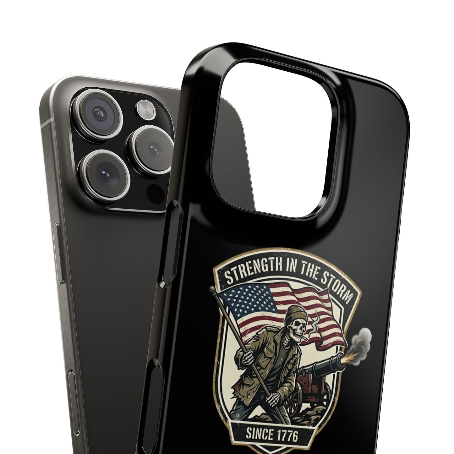 American Slim Phone Case — "Strength in the Storm" Patriotic Skeleton Soldier Design
