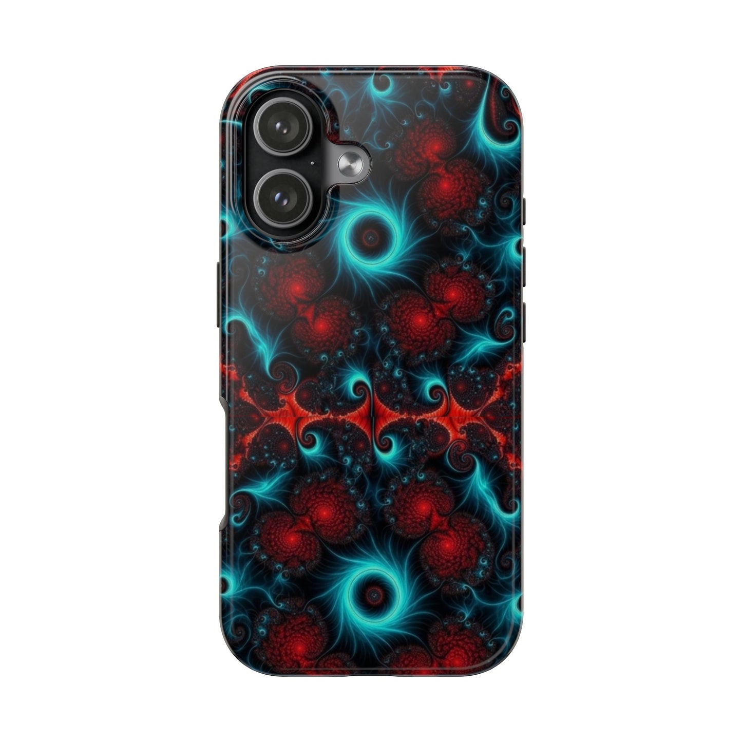 Fractal Bloom Tough Phone Case — Neon Red & Teal Protective Cover