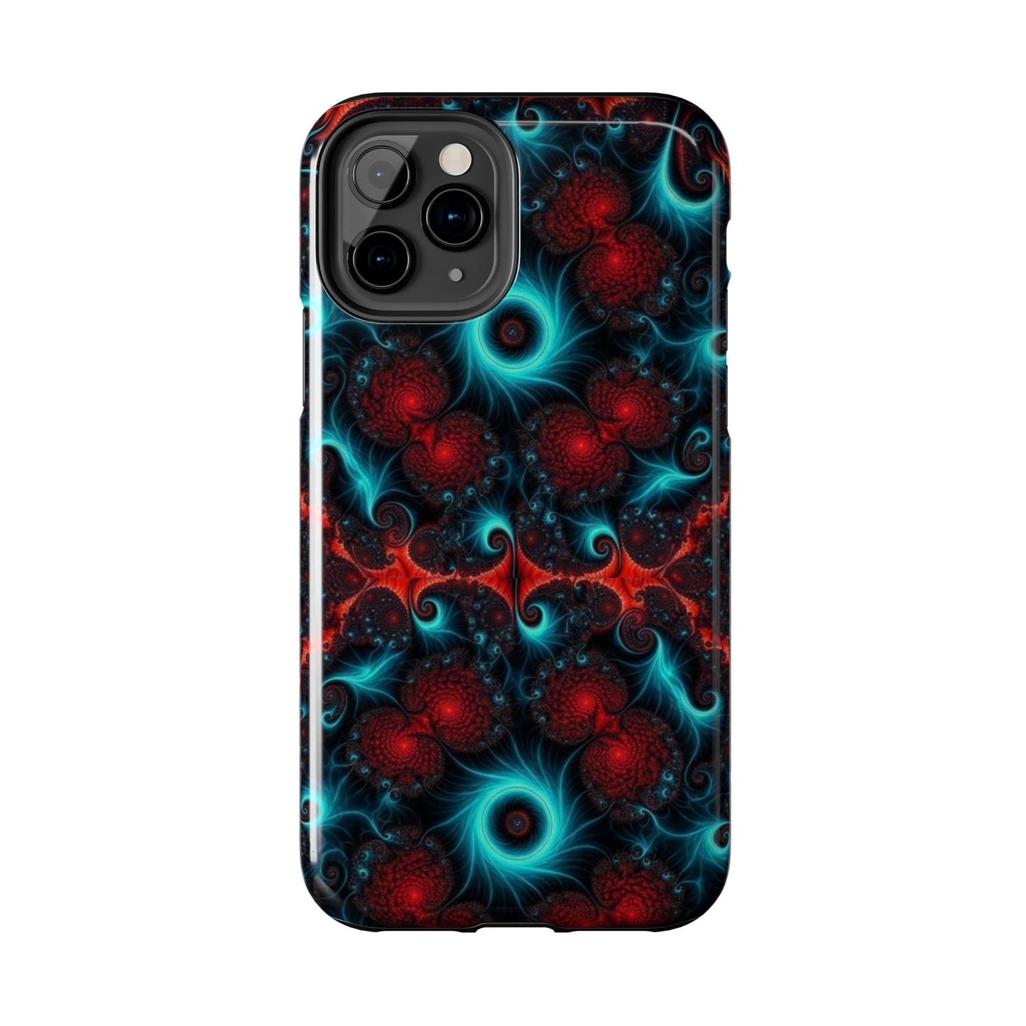 Fractal Bloom Tough Phone Case — Neon Red & Teal Protective Cover