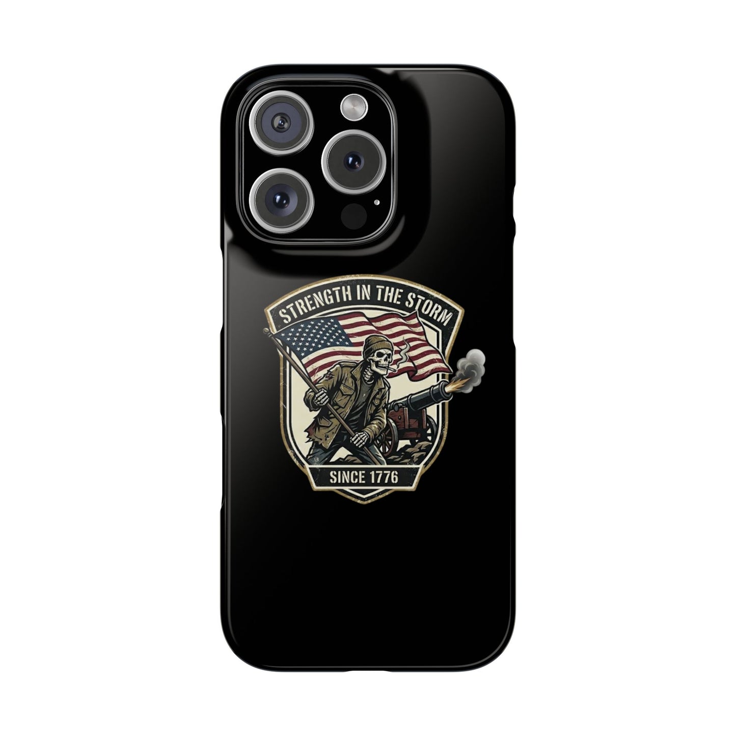 American Slim Phone Case — "Strength in the Storm" Patriotic Skeleton Soldier Design