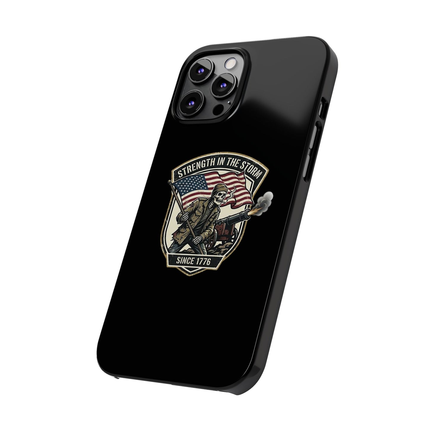 American Slim Phone Case — "Strength in the Storm" Patriotic Skeleton Soldier Design