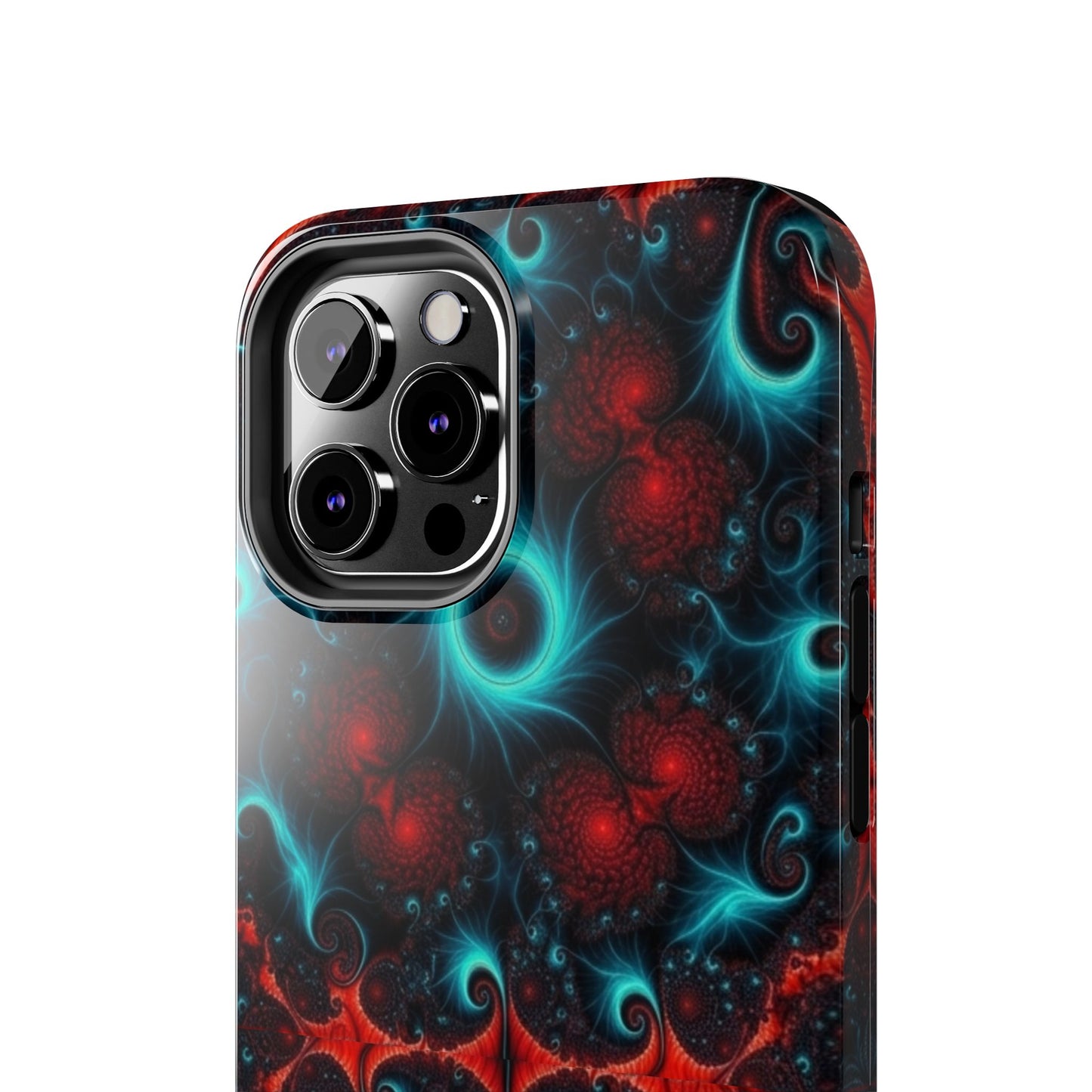 Fractal Bloom Tough Phone Case — Neon Red & Teal Protective Cover