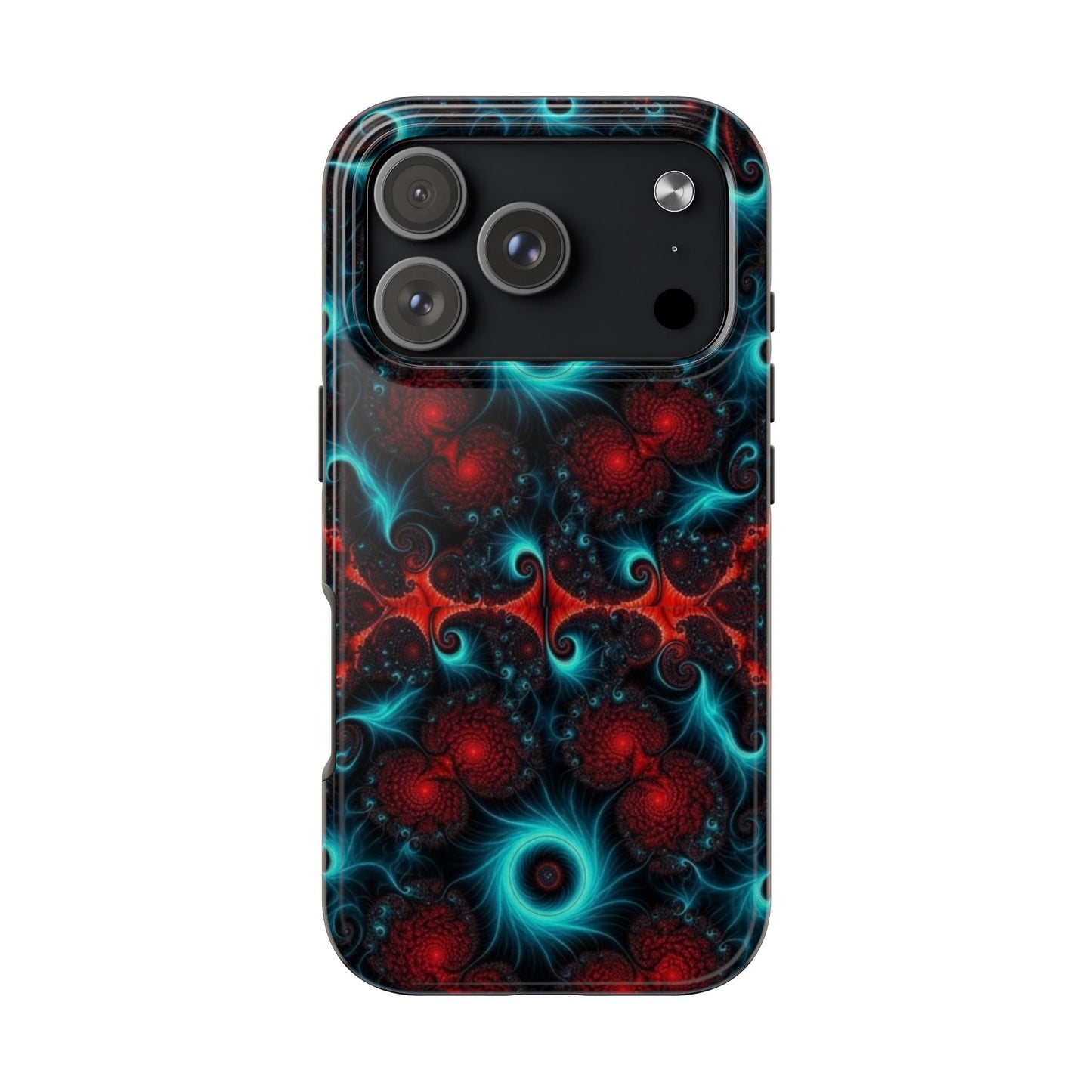 Fractal Bloom Tough Phone Case — Neon Red & Teal Protective Cover