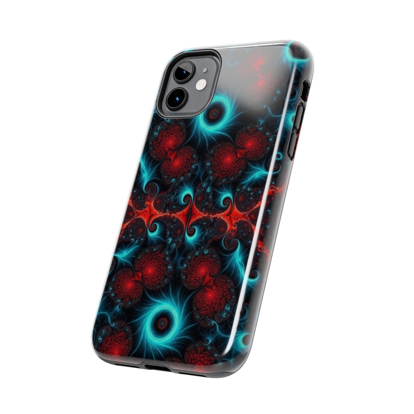 Fractal Bloom Tough Phone Case — Neon Red & Teal Protective Cover