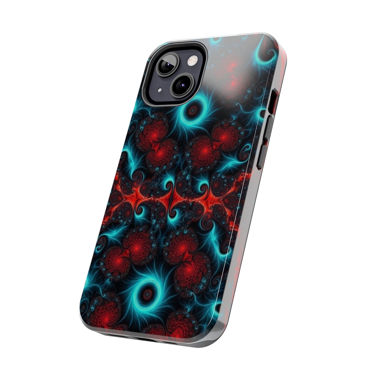 Fractal Bloom Tough Phone Case — Neon Red & Teal Protective Cover