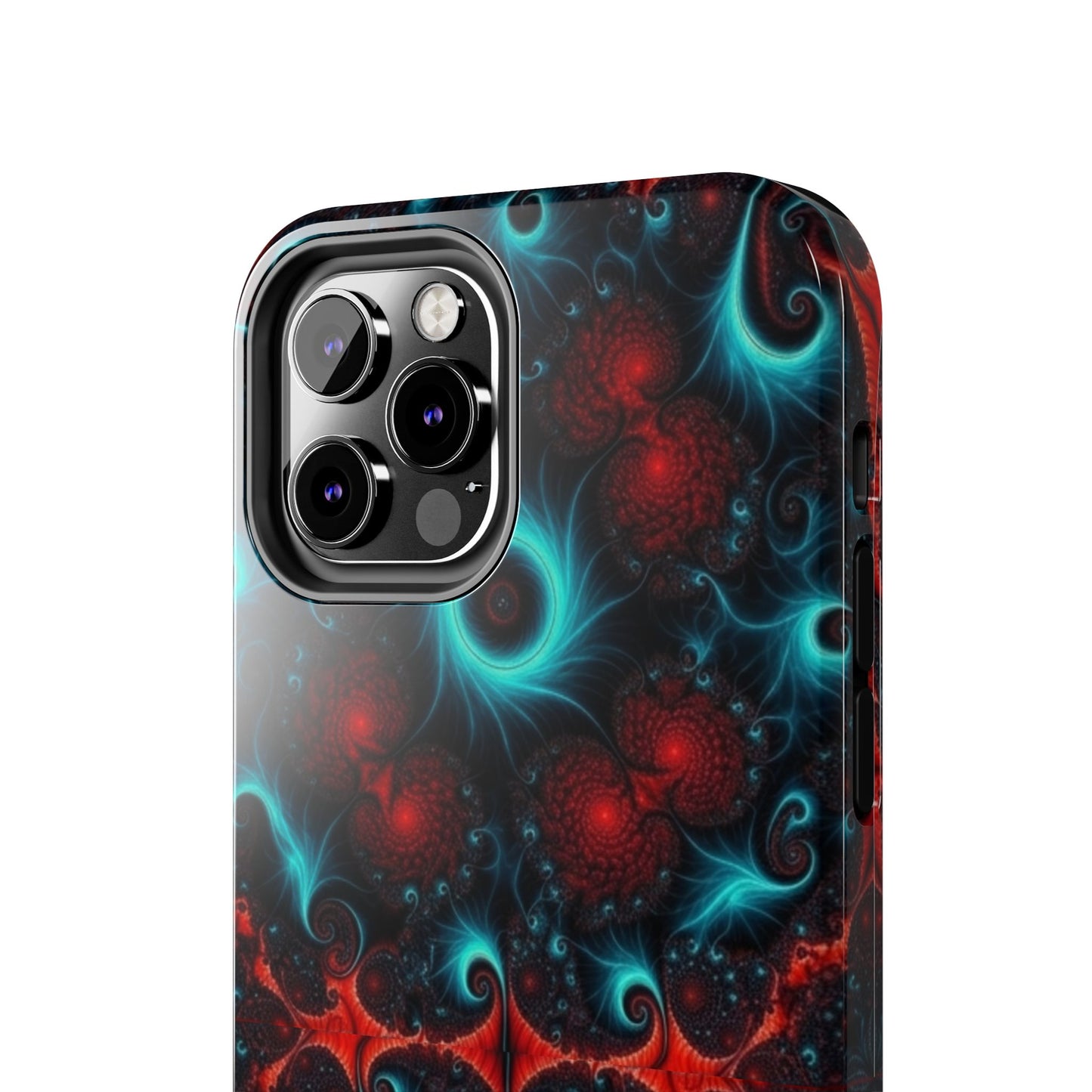 Fractal Bloom Tough Phone Case — Neon Red & Teal Protective Cover