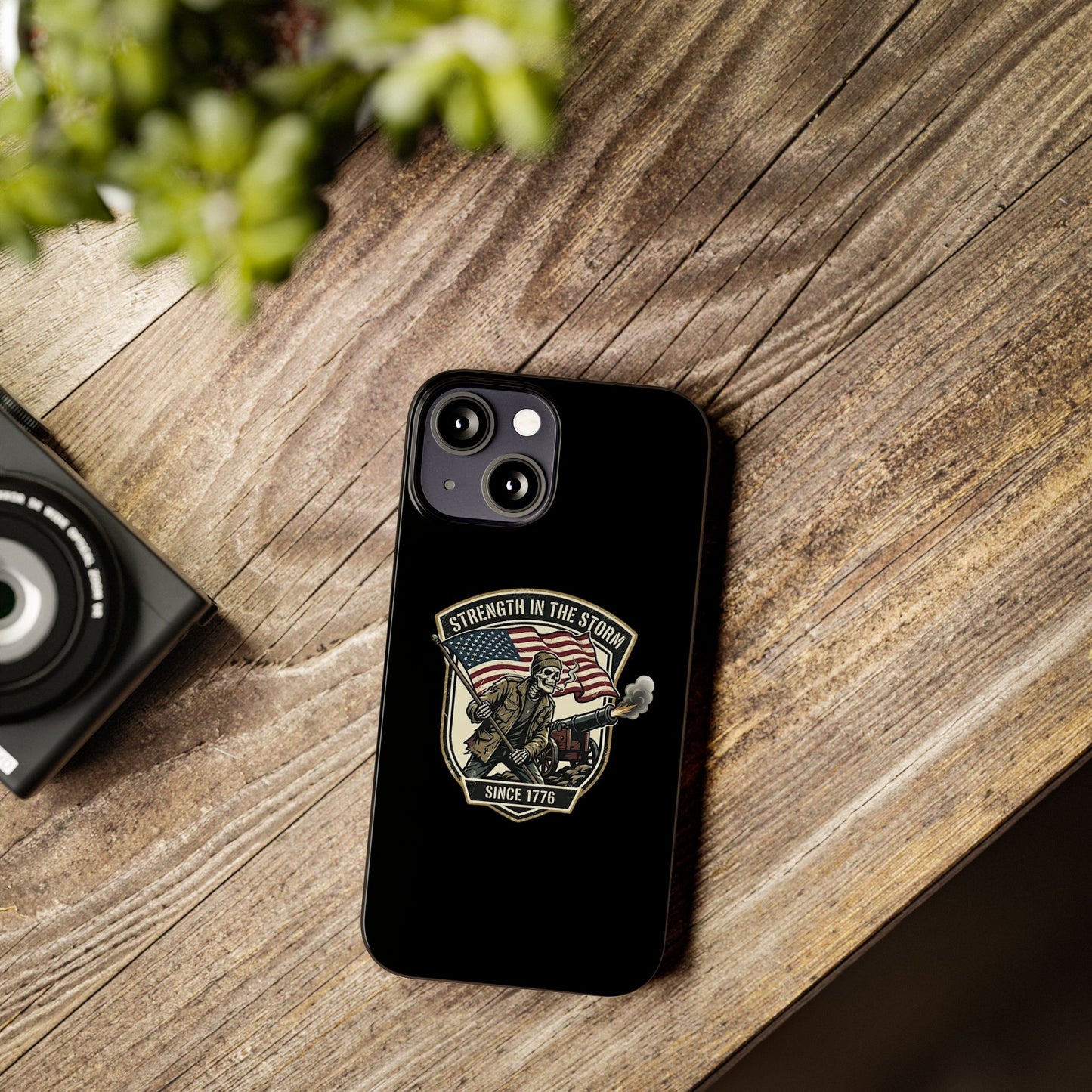 American Slim Phone Case — "Strength in the Storm" Patriotic Skeleton Soldier Design
