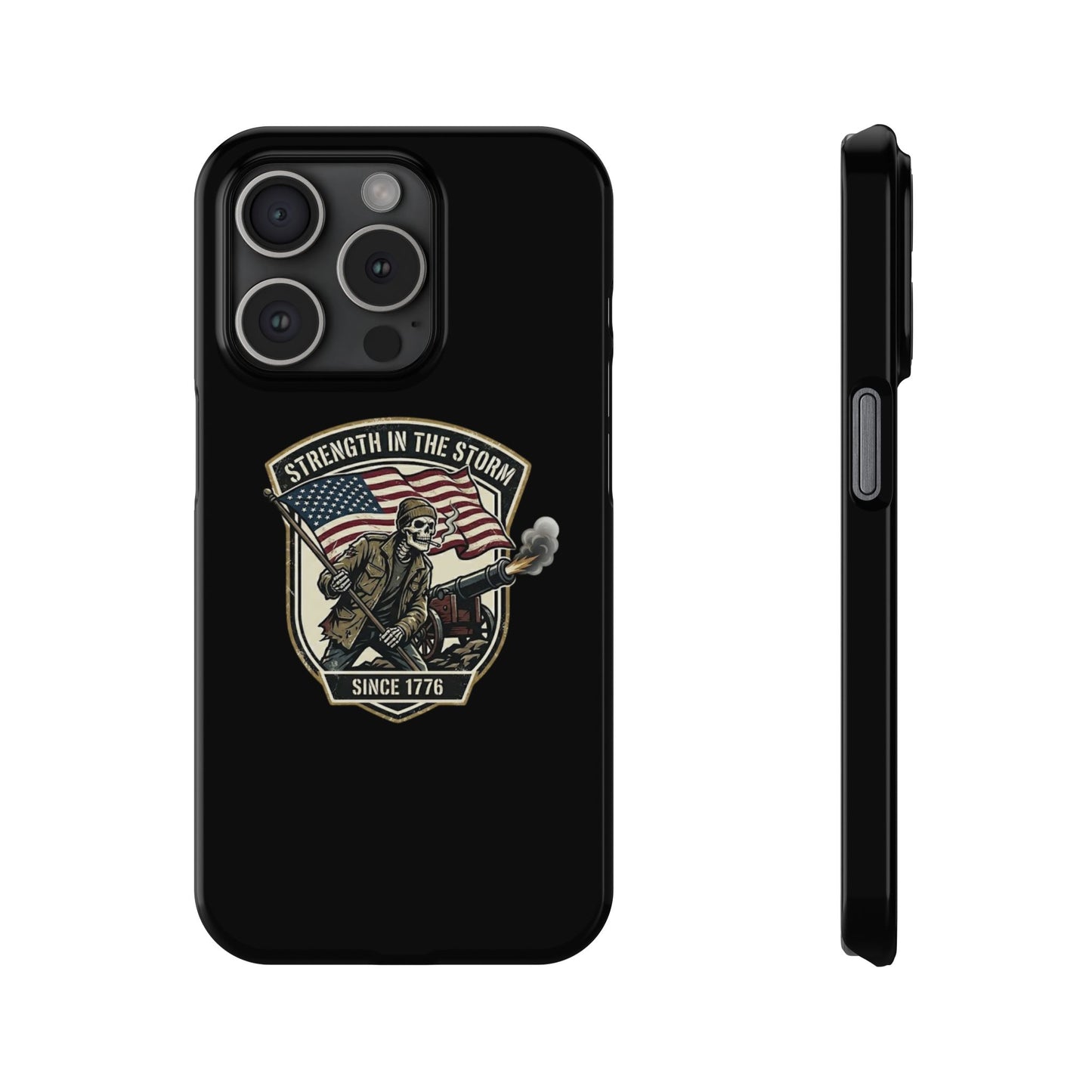 American Slim Phone Case — "Strength in the Storm" Patriotic Skeleton Soldier Design