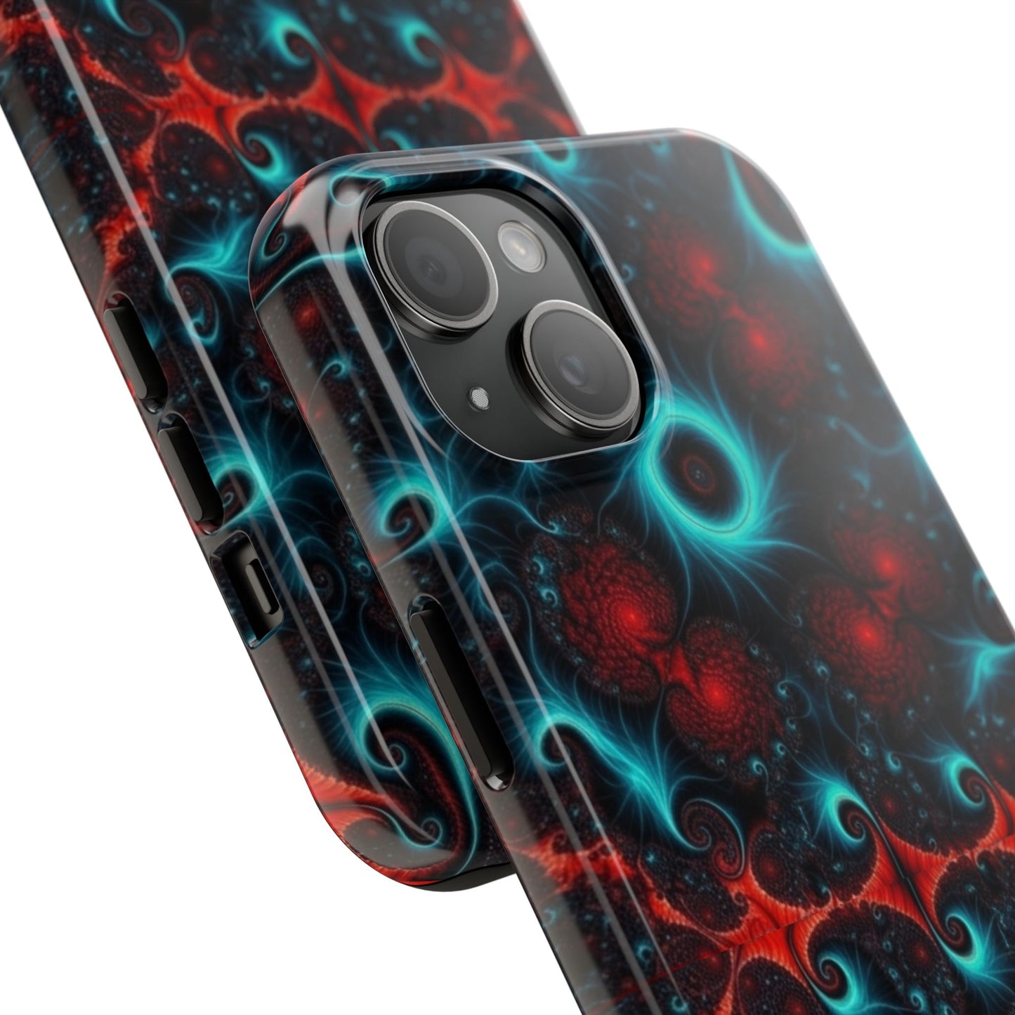 Fractal Bloom Tough Phone Case — Neon Red & Teal Protective Cover