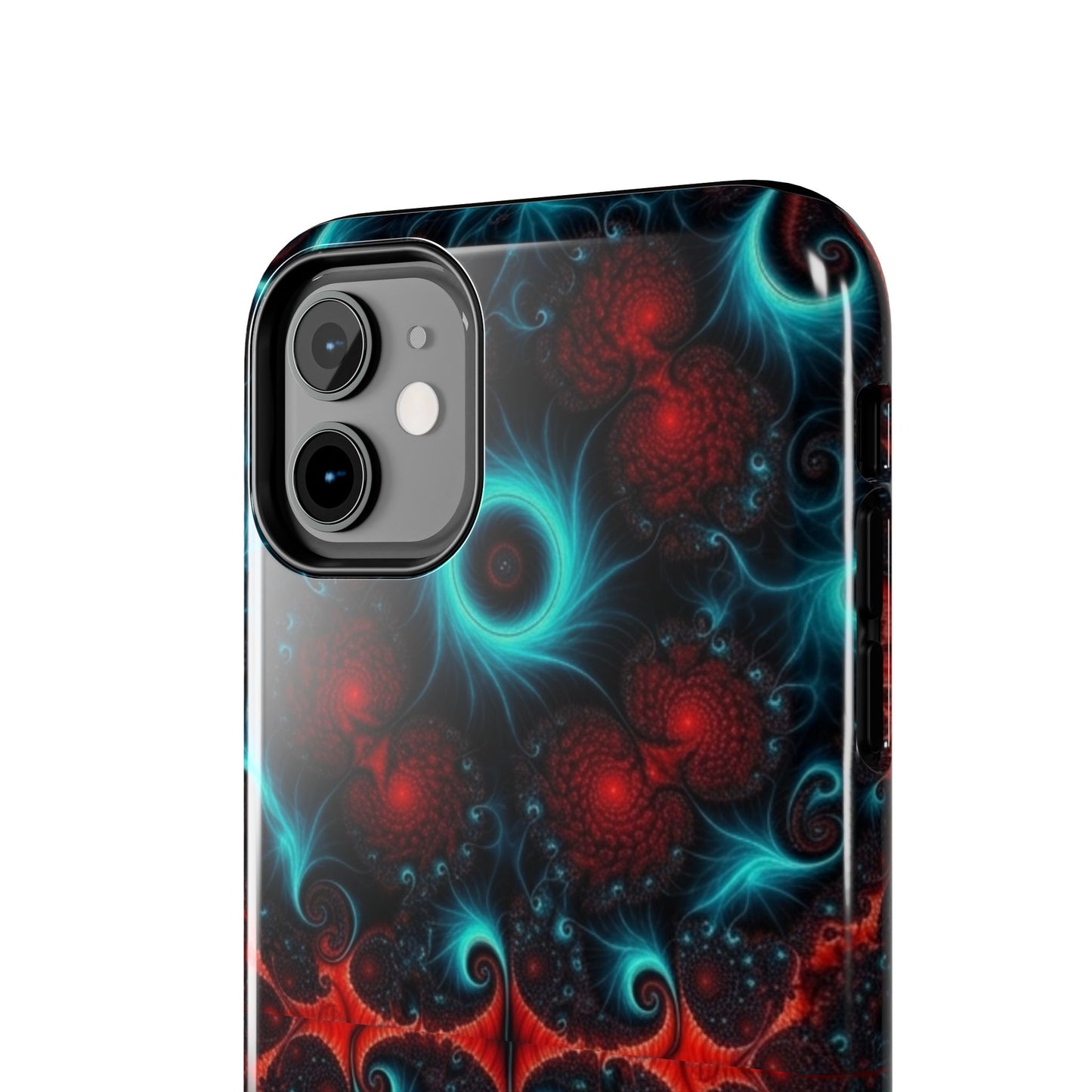 Fractal Bloom Tough Phone Case — Neon Red & Teal Protective Cover