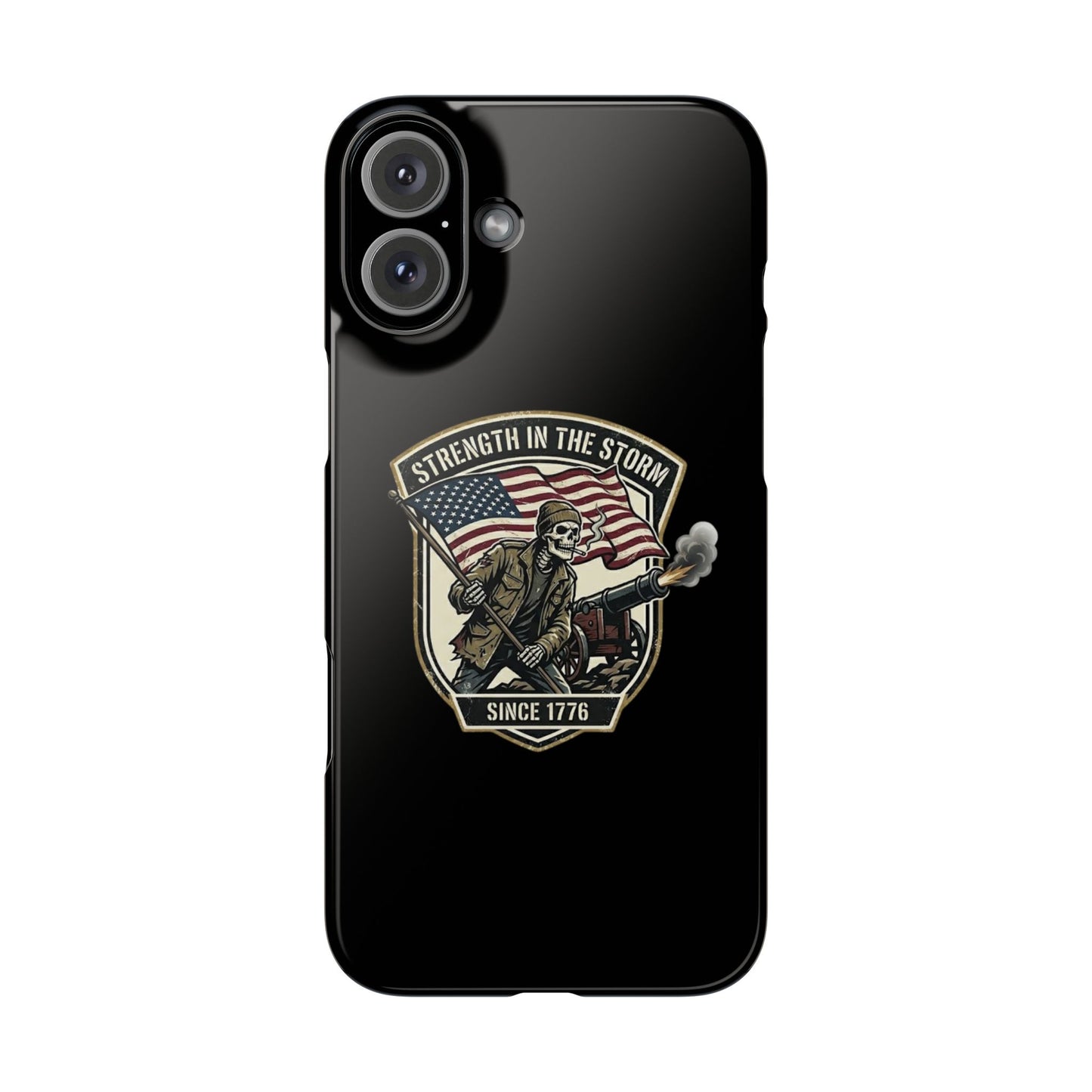 American Slim Phone Case — "Strength in the Storm" Patriotic Skeleton Soldier Design