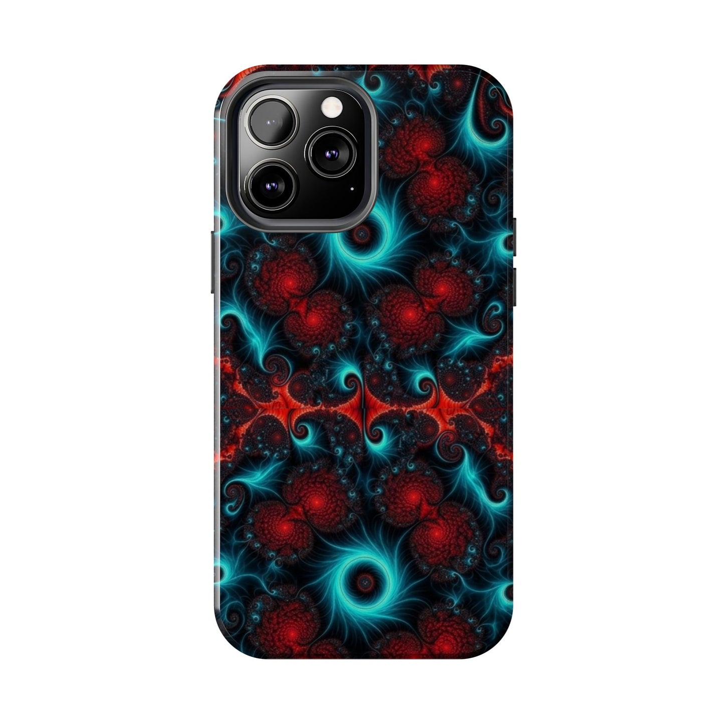 Fractal Bloom Tough Phone Case — Neon Red & Teal Protective Cover