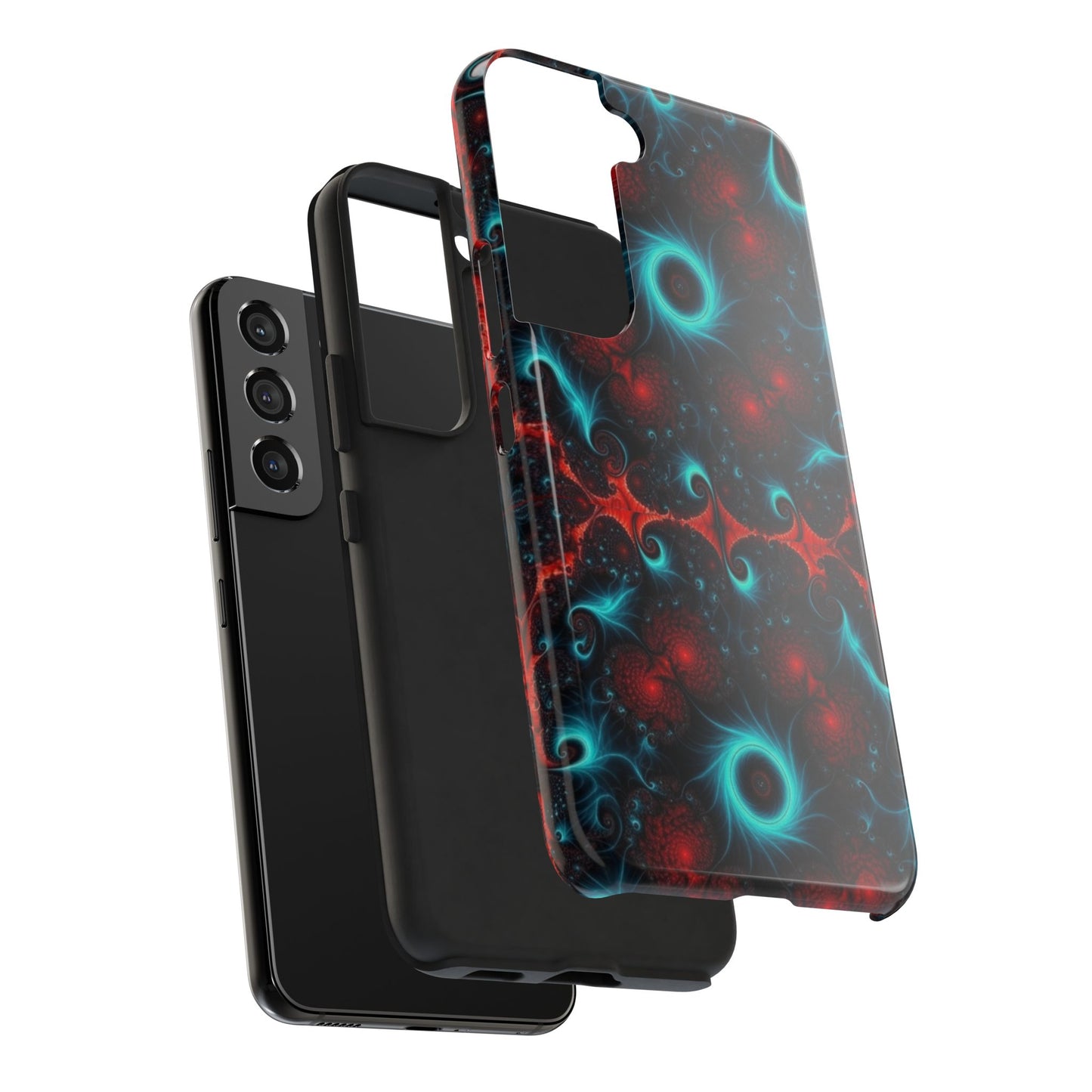 Fractal Bloom Tough Phone Case — Neon Red & Teal Protective Cover