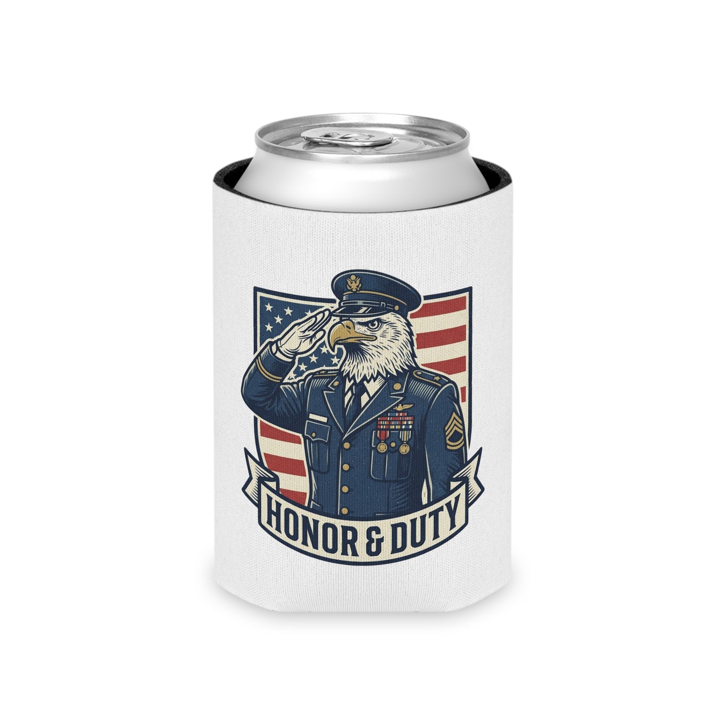 Honor & Duty Can Cooler — Patriotic Eagle Salute Beverage Koozie