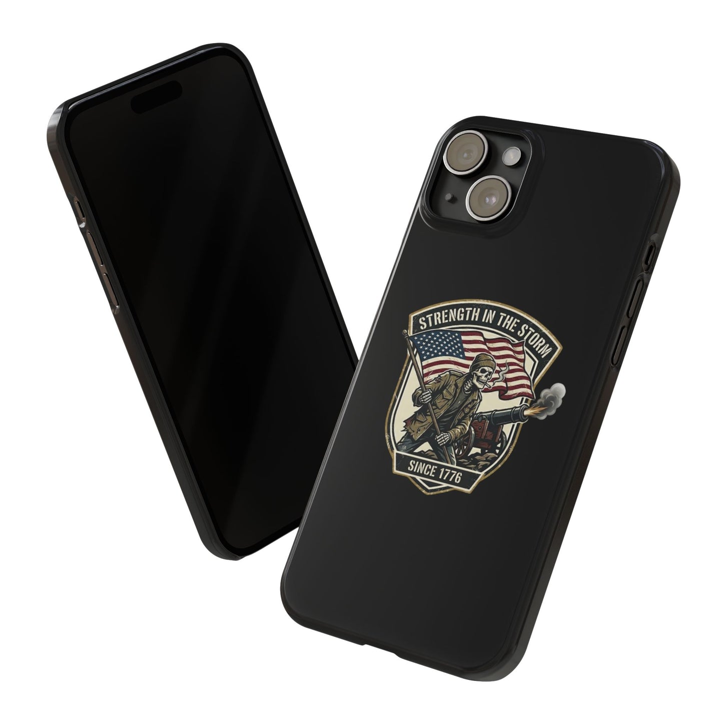 American Slim Phone Case — "Strength in the Storm" Patriotic Skeleton Soldier Design
