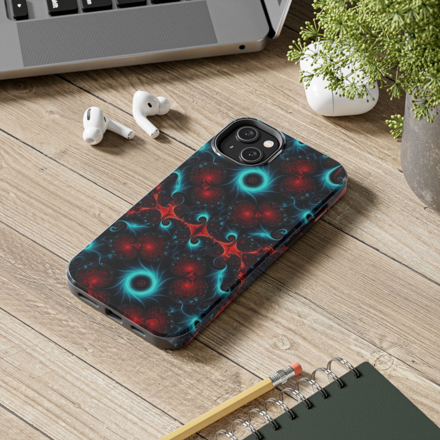 Fractal Bloom Tough Phone Case — Neon Red & Teal Protective Cover