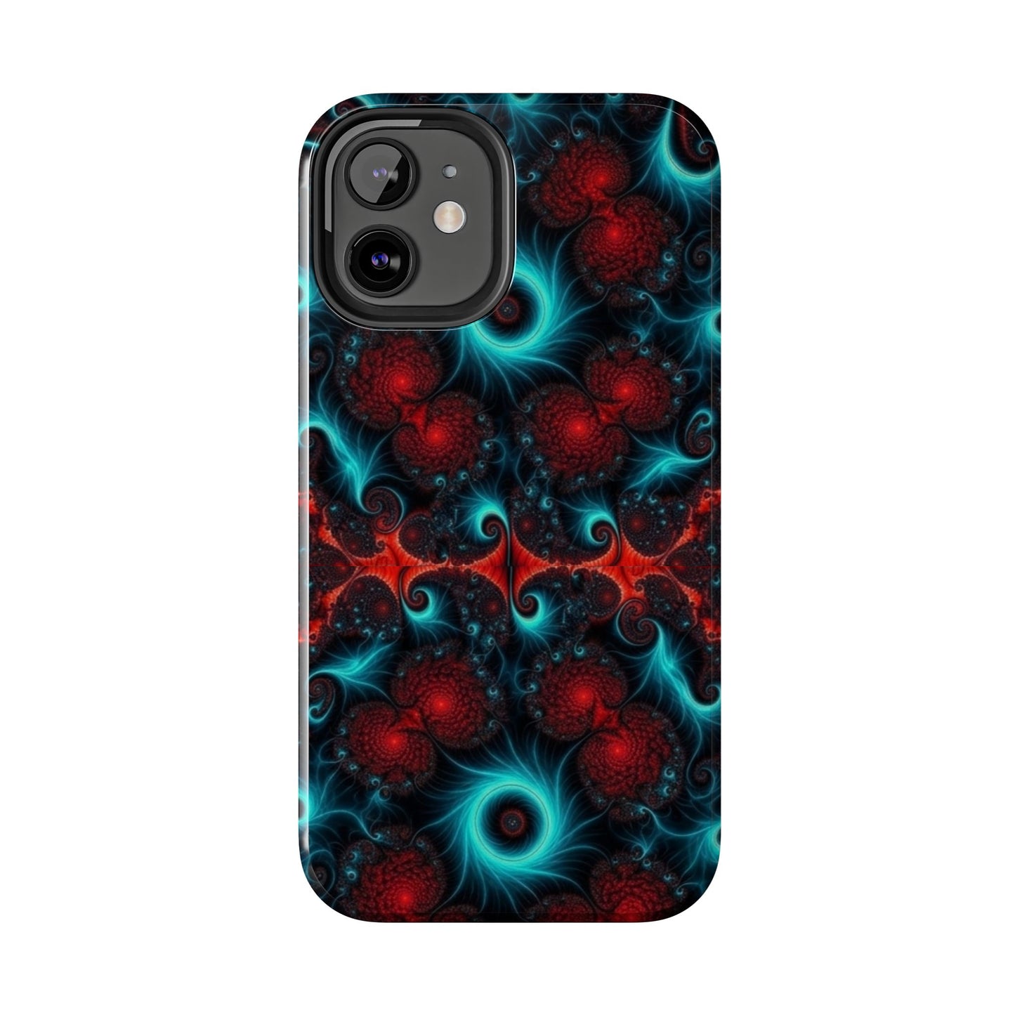 Fractal Bloom Tough Phone Case — Neon Red & Teal Protective Cover