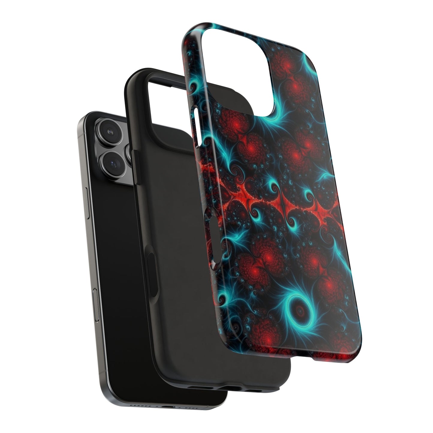 Fractal Bloom Tough Phone Case — Neon Red & Teal Protective Cover