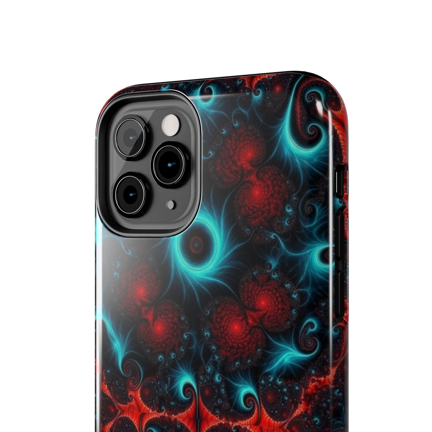 Fractal Bloom Tough Phone Case — Neon Red & Teal Protective Cover