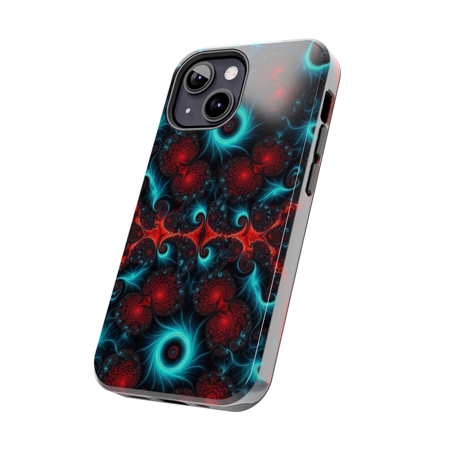 Fractal Bloom Tough Phone Case — Neon Red & Teal Protective Cover