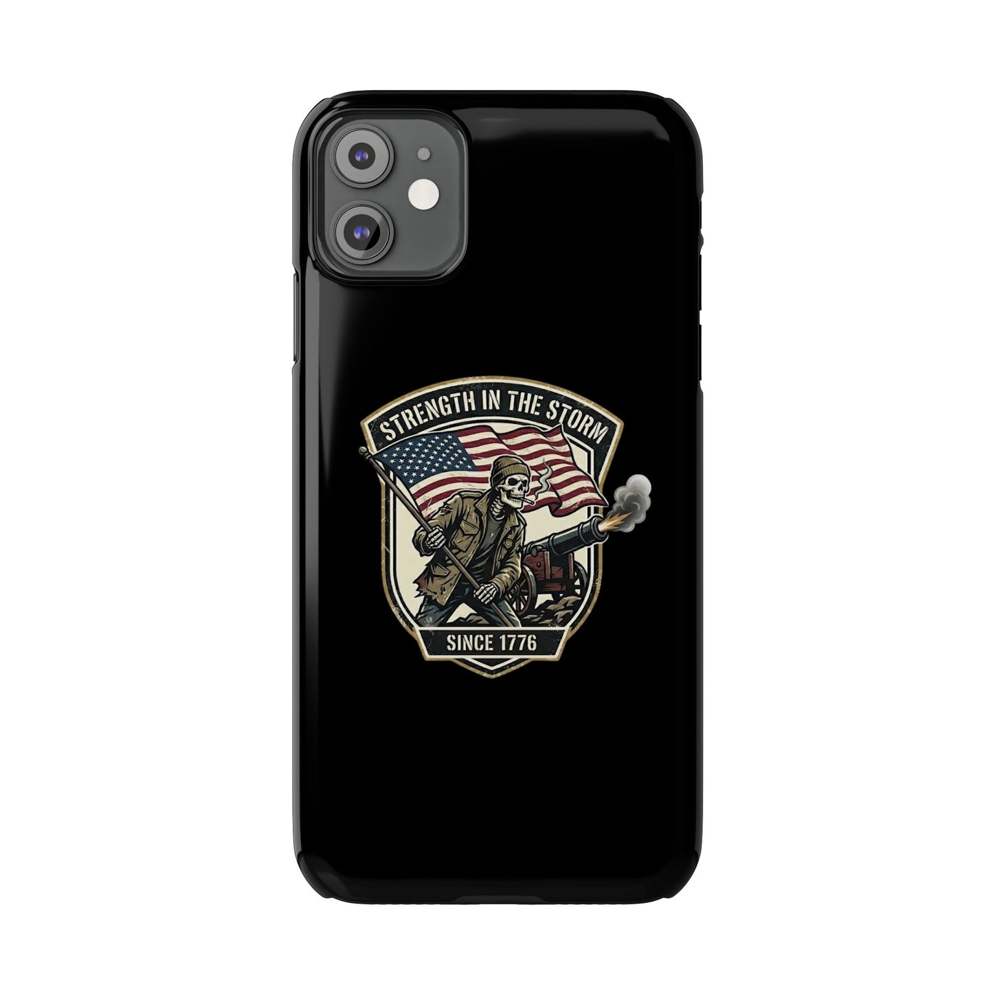 American Slim Phone Case — "Strength in the Storm" Patriotic Skeleton Soldier Design