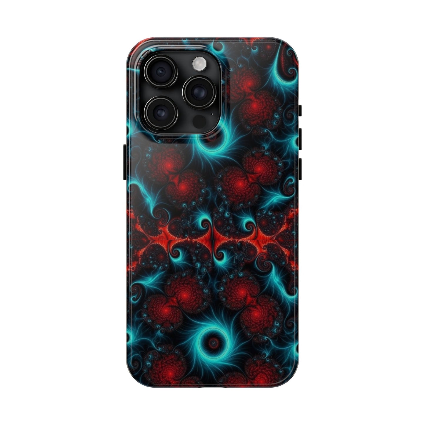 Fractal Bloom Tough Phone Case — Neon Red & Teal Protective Cover