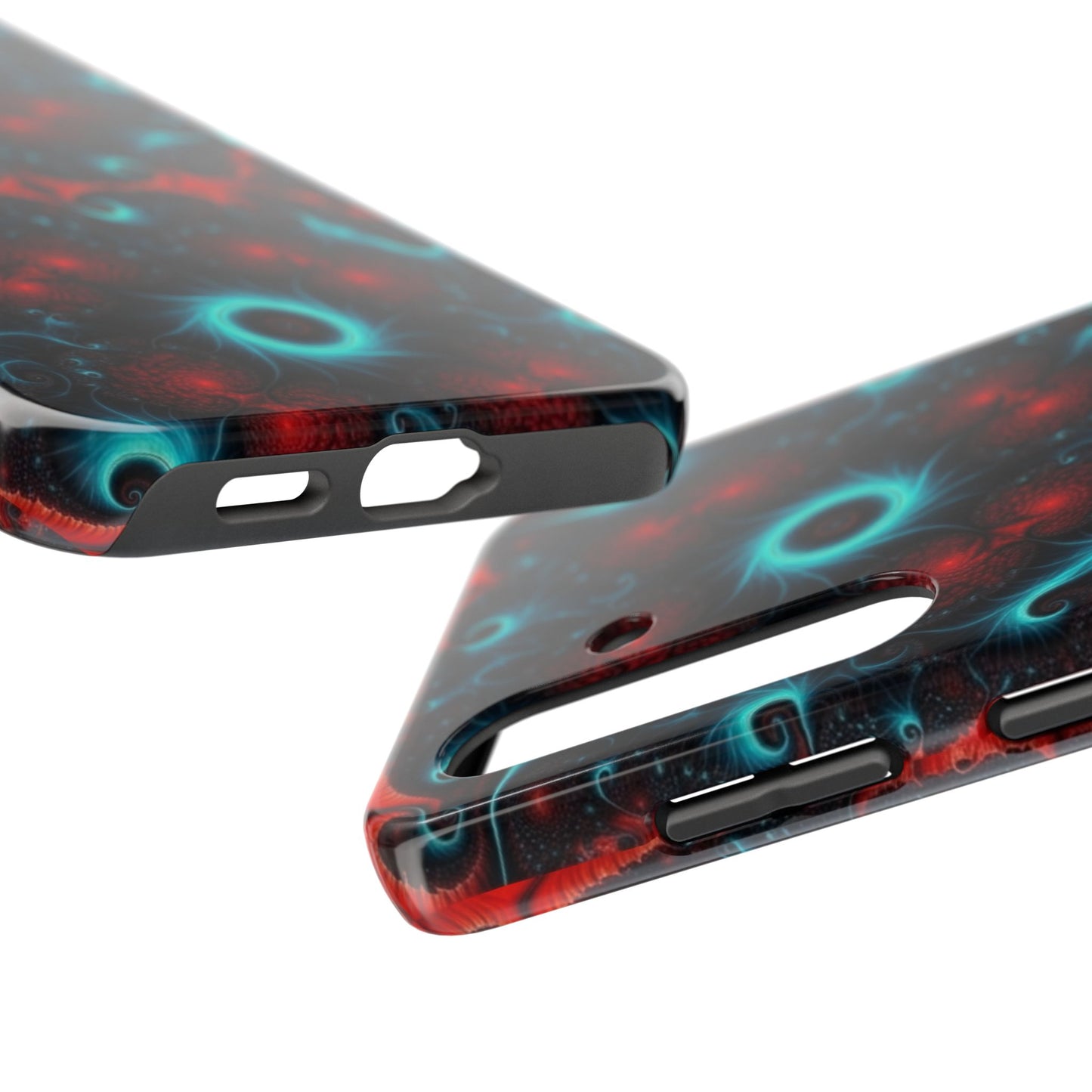 Fractal Bloom Tough Phone Case — Neon Red & Teal Protective Cover