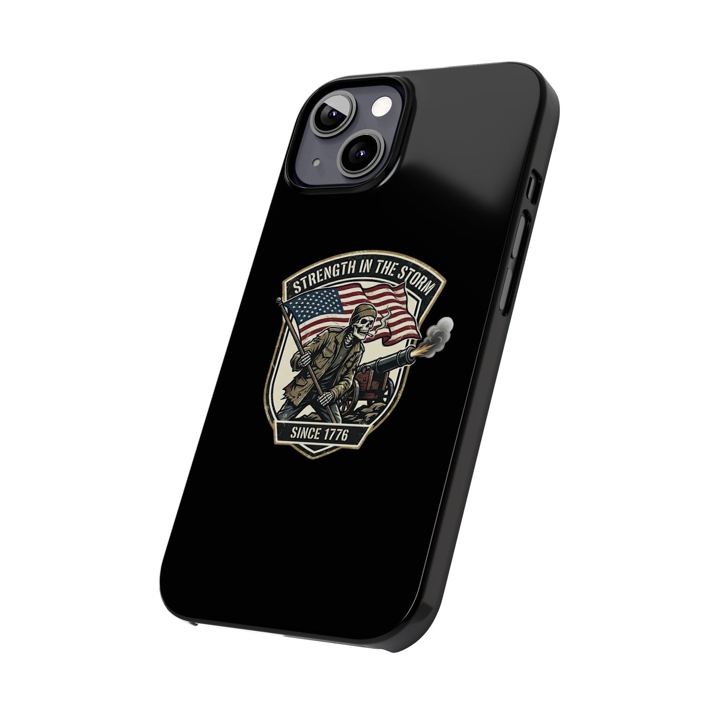 American Slim Phone Case — "Strength in the Storm" Patriotic Skeleton Soldier Design