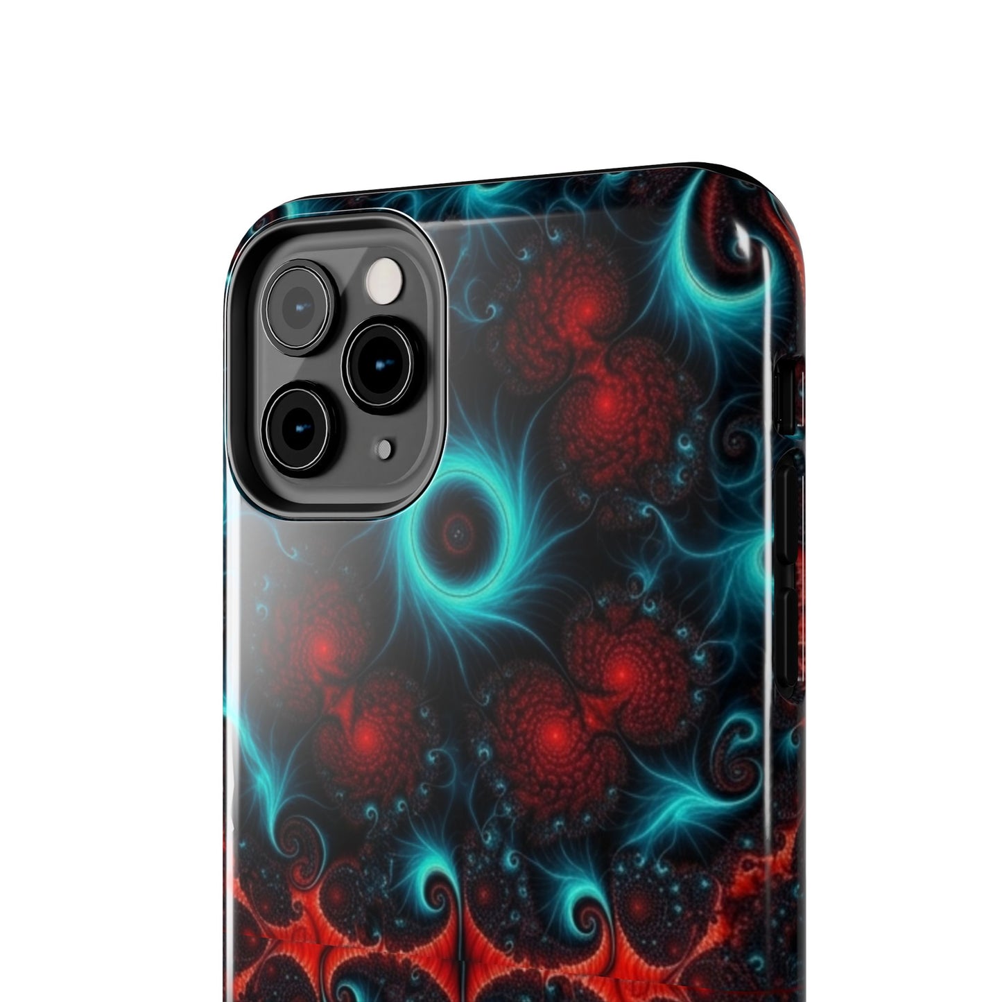 Fractal Bloom Tough Phone Case — Neon Red & Teal Protective Cover