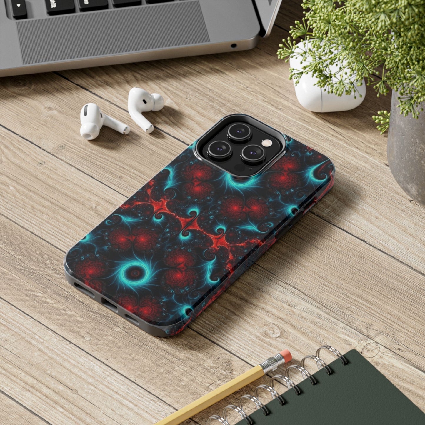 Fractal Bloom Tough Phone Case — Neon Red & Teal Protective Cover