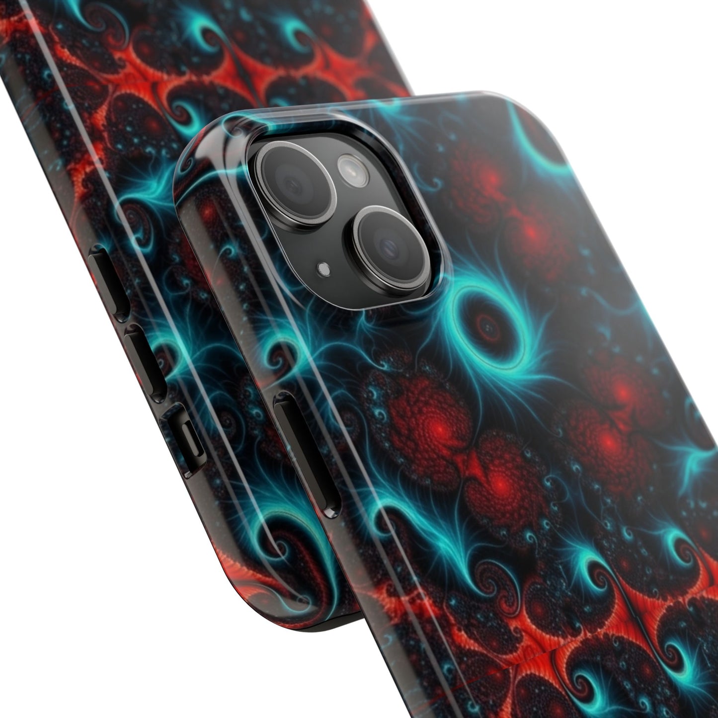 Fractal Bloom Tough Phone Case — Neon Red & Teal Protective Cover